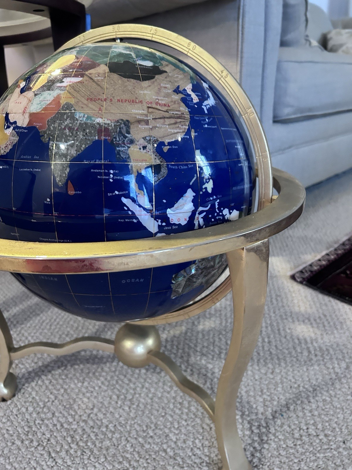 GEMSTONE INLAID WORLD GLOBE W/ BRASS ZODIAC STAND
