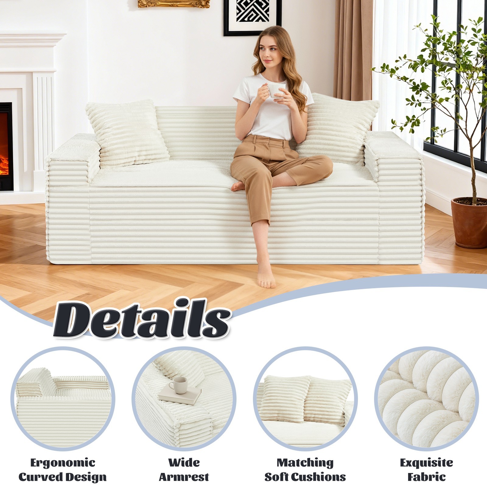 Modern Deep Wide Corduroy Sofa,Low Profile Square Modular Couch for Living Room