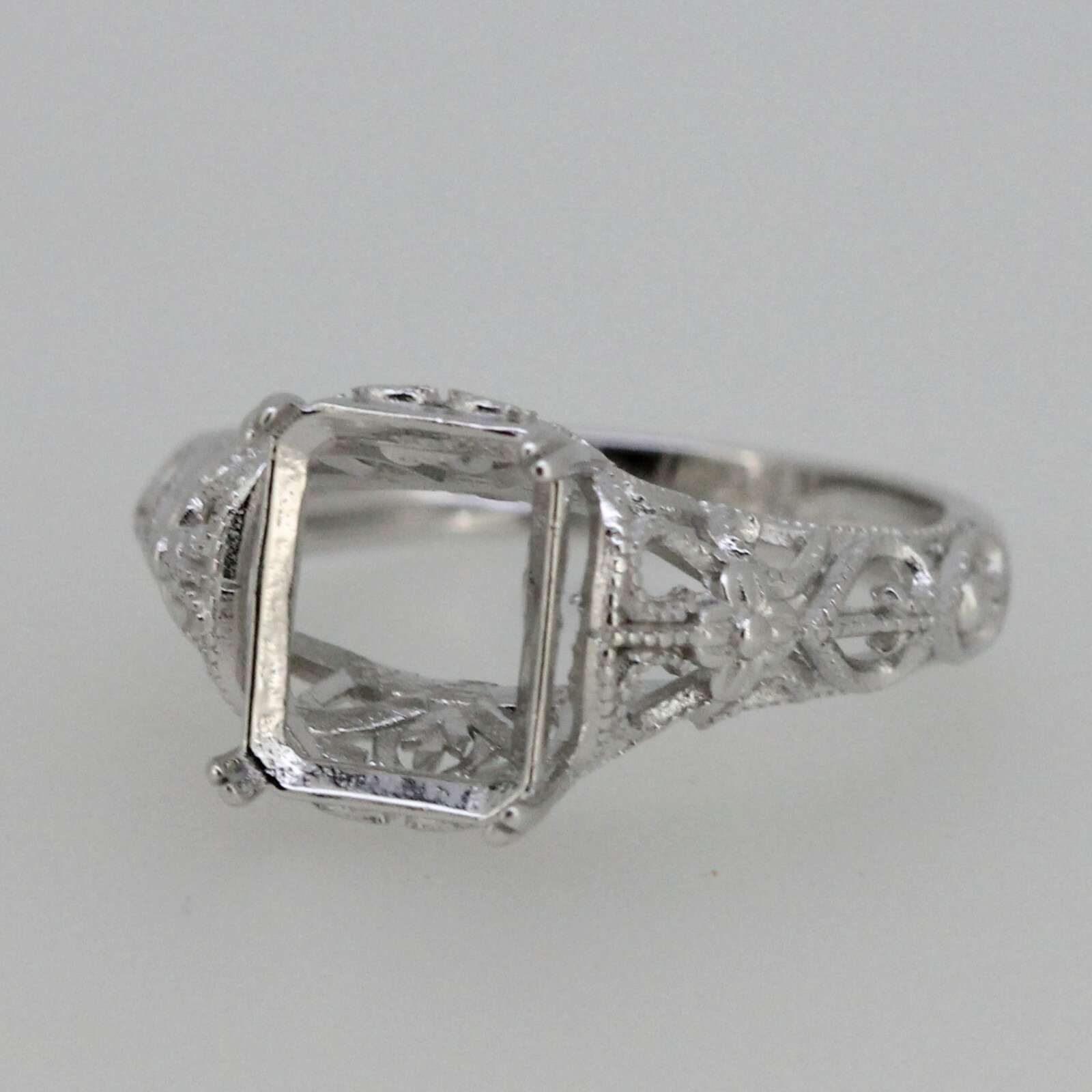 Filigree Sterling Silver Semi Mount Ring Setting Emerald OCT 9x7mm