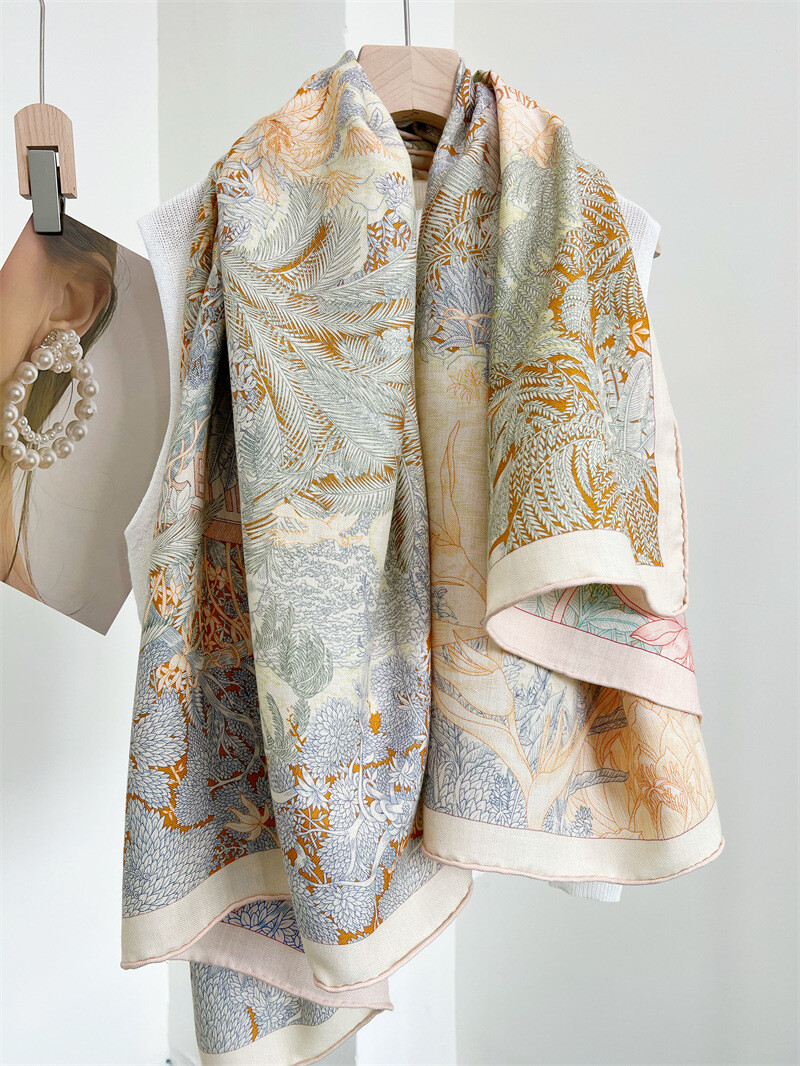Pure 70% Cashmere 30% Silk Wrap Scarf Garden Flowers Double Face Print Shawl 53"