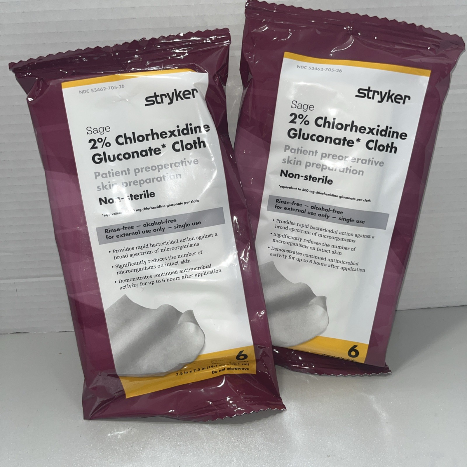 2 Packs Stryker Sage 2% Chlorhexidine Gluconate (CHG) Cloths, 6 Wipes Per Pack.