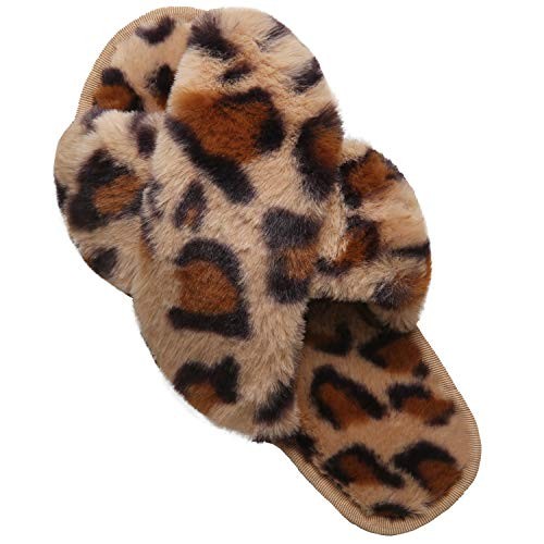 Women’s Cross Band Slippers, Soft Plush Fleece 6.5-7.5 Brown Leopard