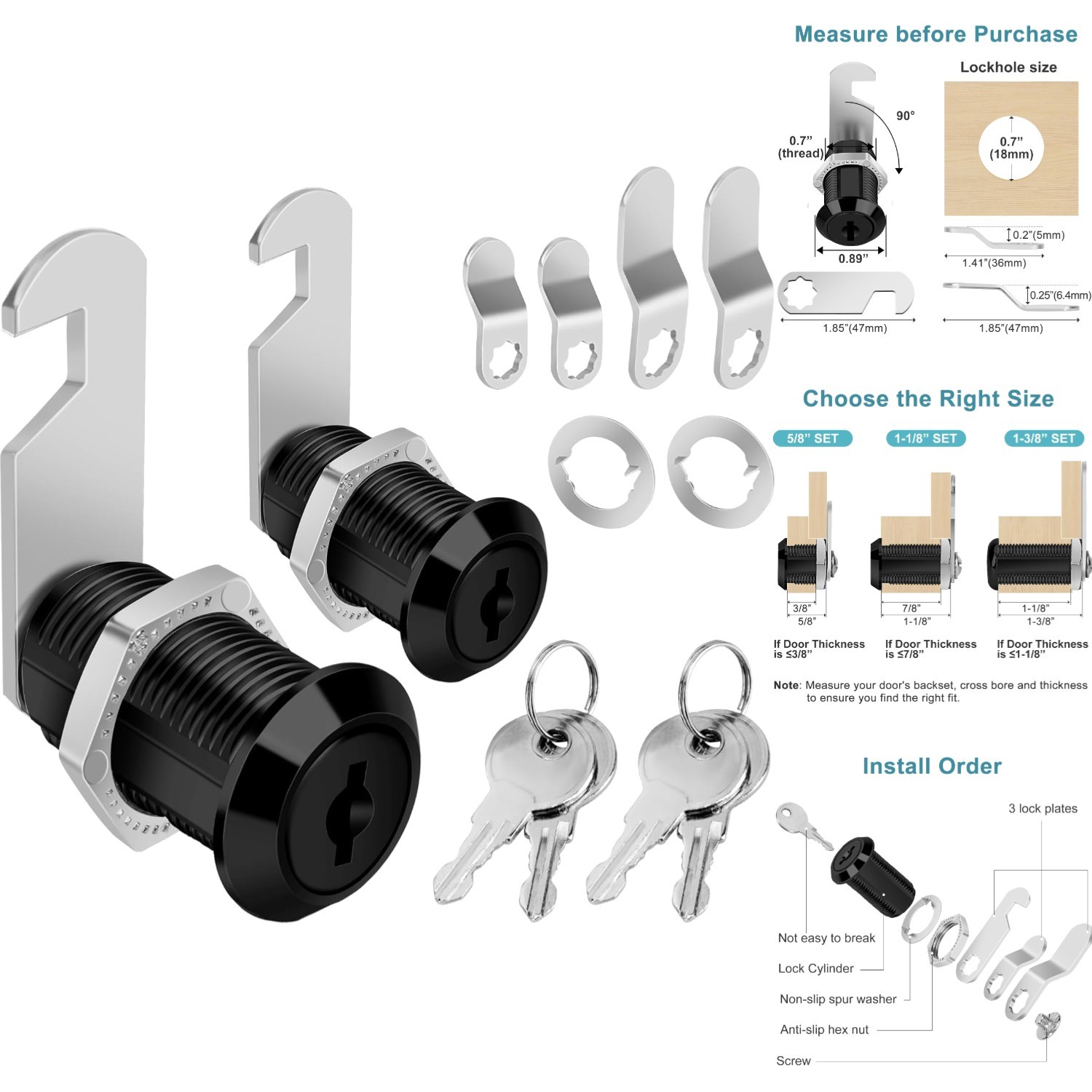 1-1/8" Cabinet Cam Lock 2 Pack Keyed Alike Black RV Storage Drawer Mailbox Lock