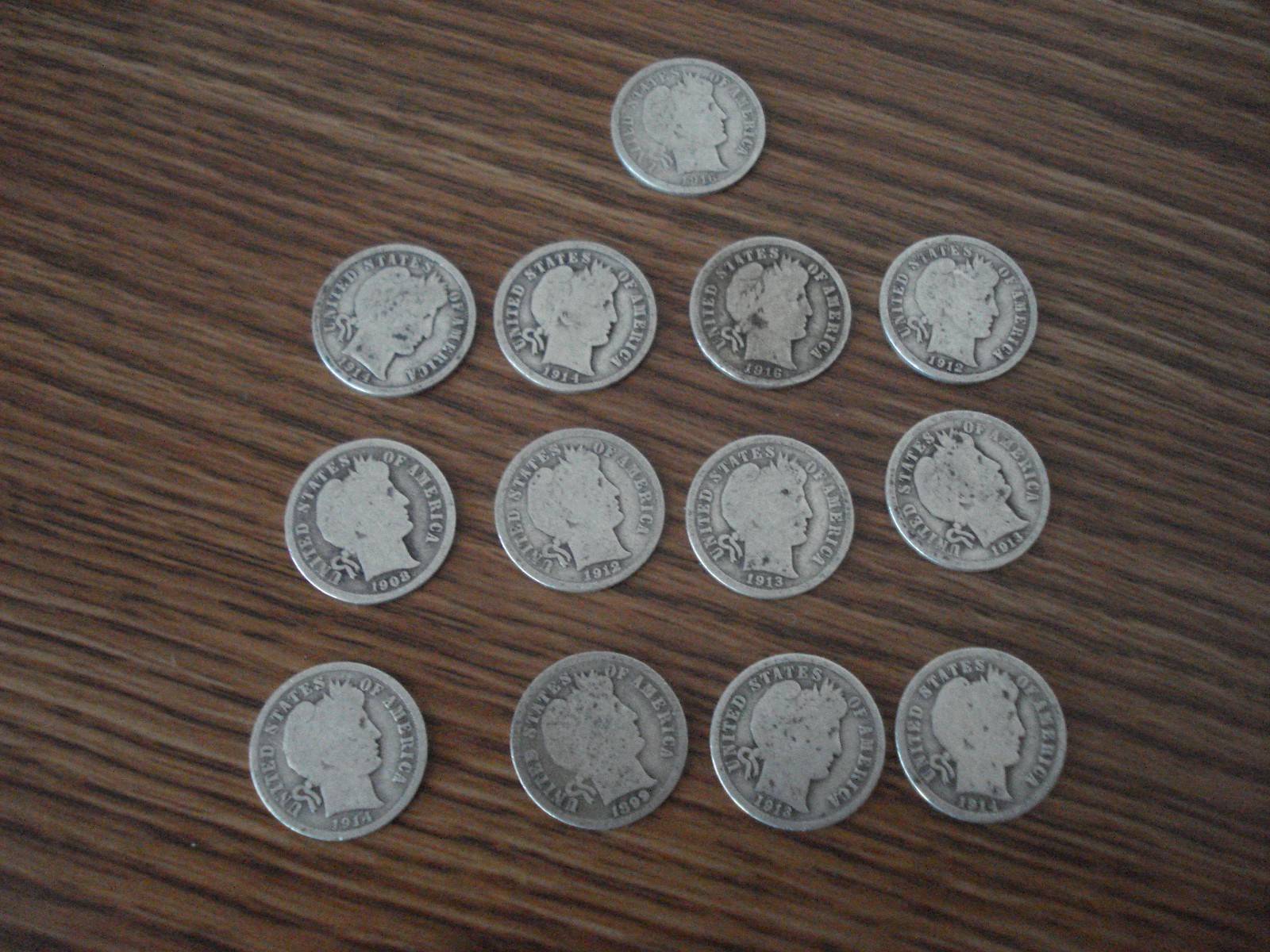 A LOT OF 13,  RANDOMLY PICKED 90% SILVER BARBER DIMES, 2 LOTS AVAILABLE