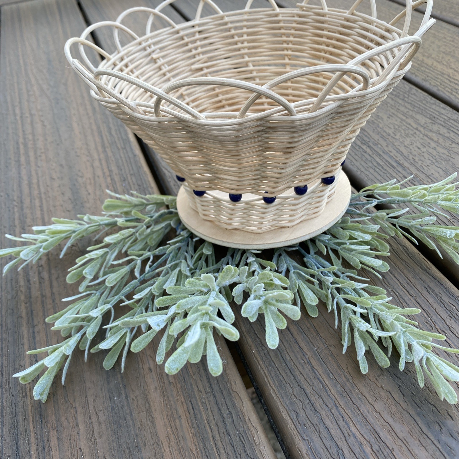 Handmade Flared Looped Edge Round Basket Natural, Blue Beads 8.5x8.5x6 Tall