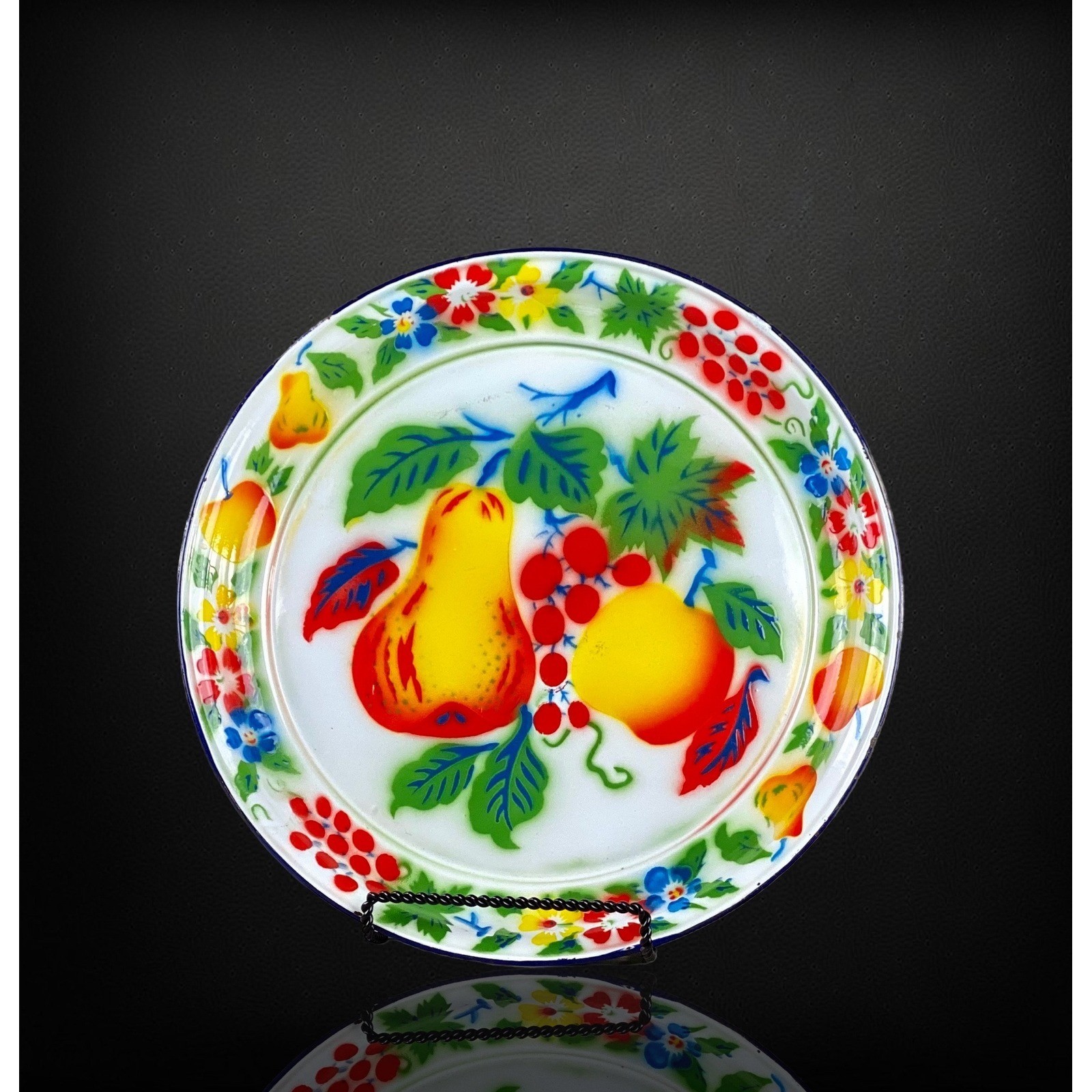 Rossini Enamelware Oversized Platter Fruit Graphics Round Tray Vibrant Colors