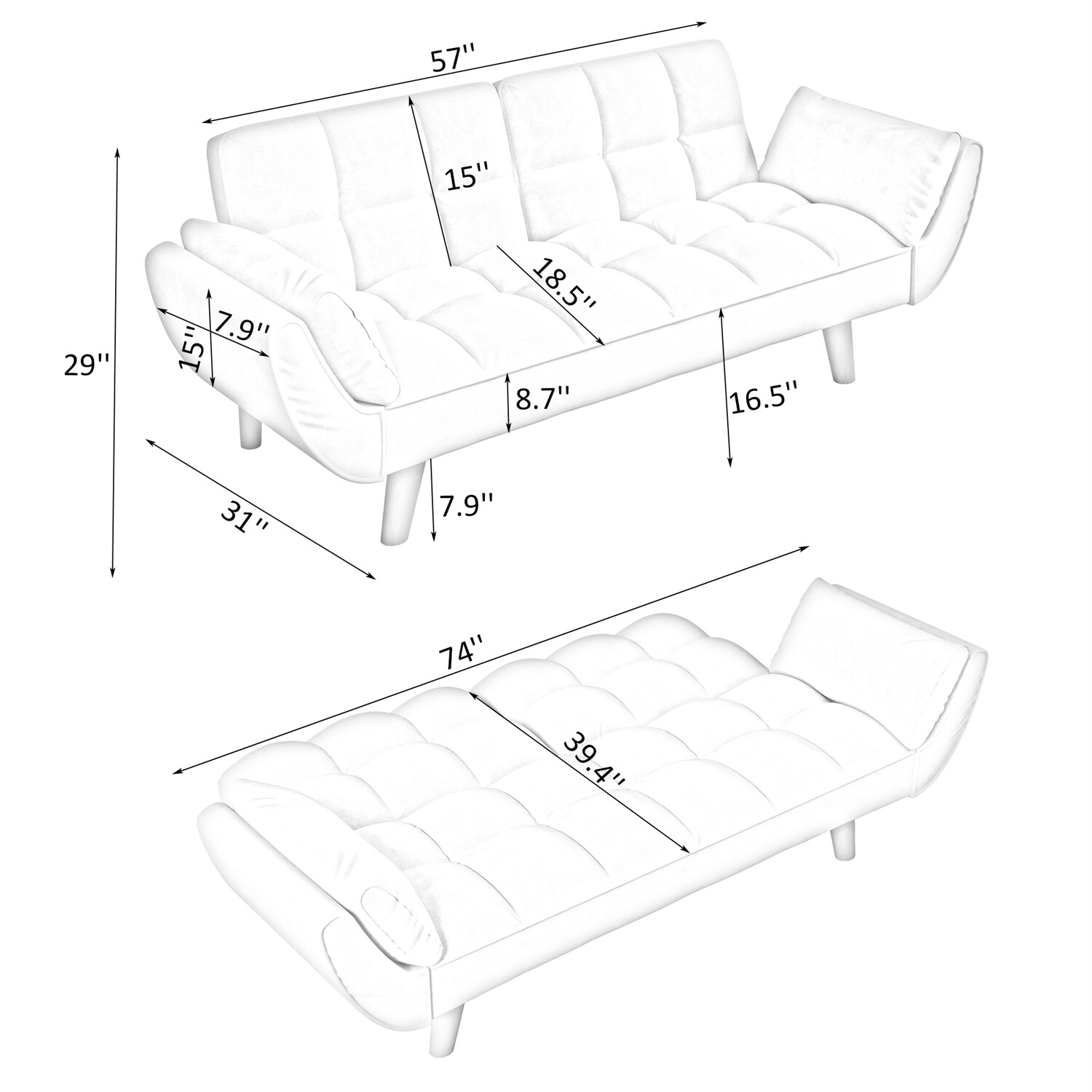 57'' Convertible Sleeper Sofa Bed Velvet Loveseat Sofa 2 Seater Sofa Couch US