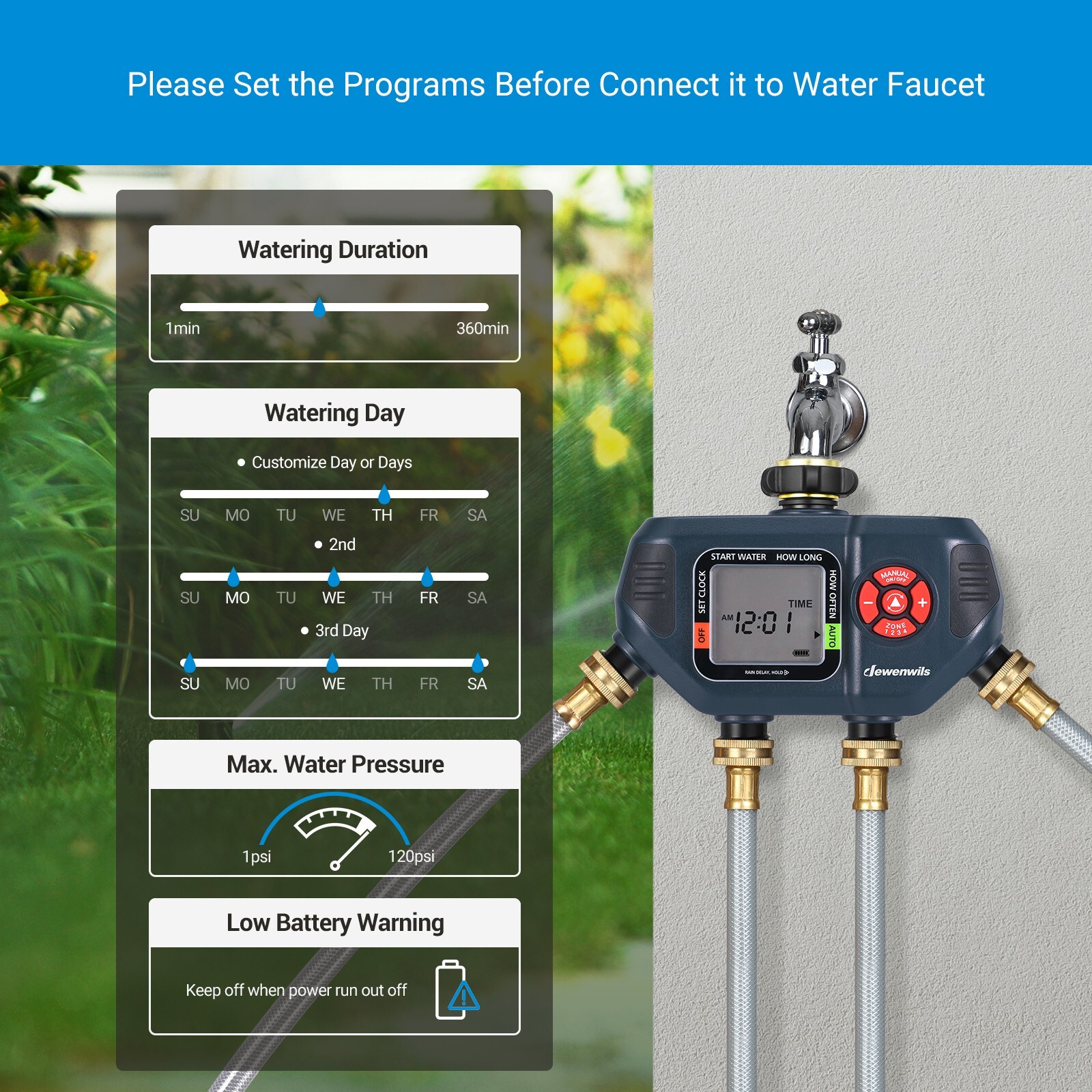 Programmable Water Hose Sprinkler Timer 4 Zone Garden Drip Irrigation Timer
