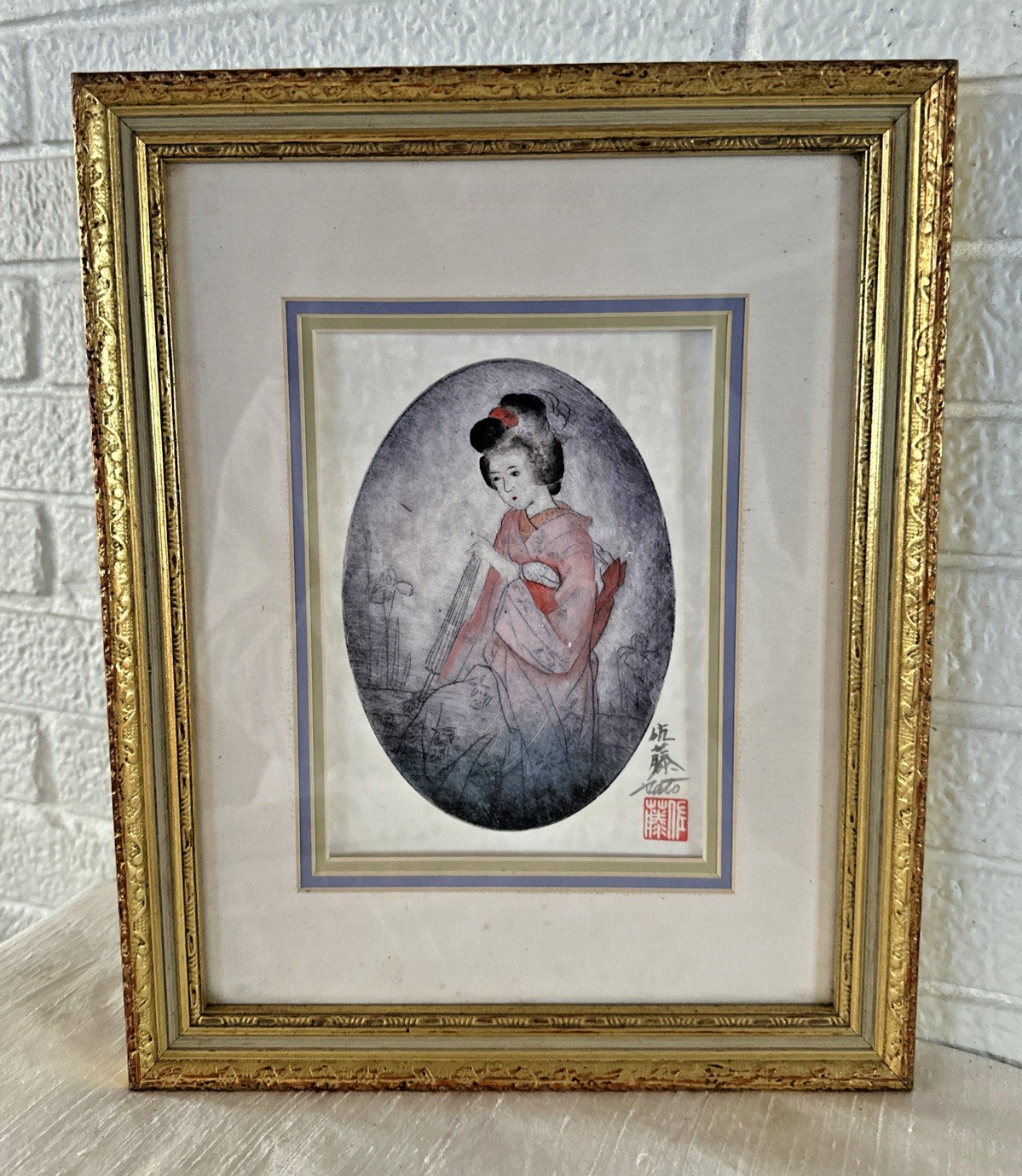 Japanese Geisha Girl in Kimono ORIGINAL Watercolor Painting Framed SIGNED SATO