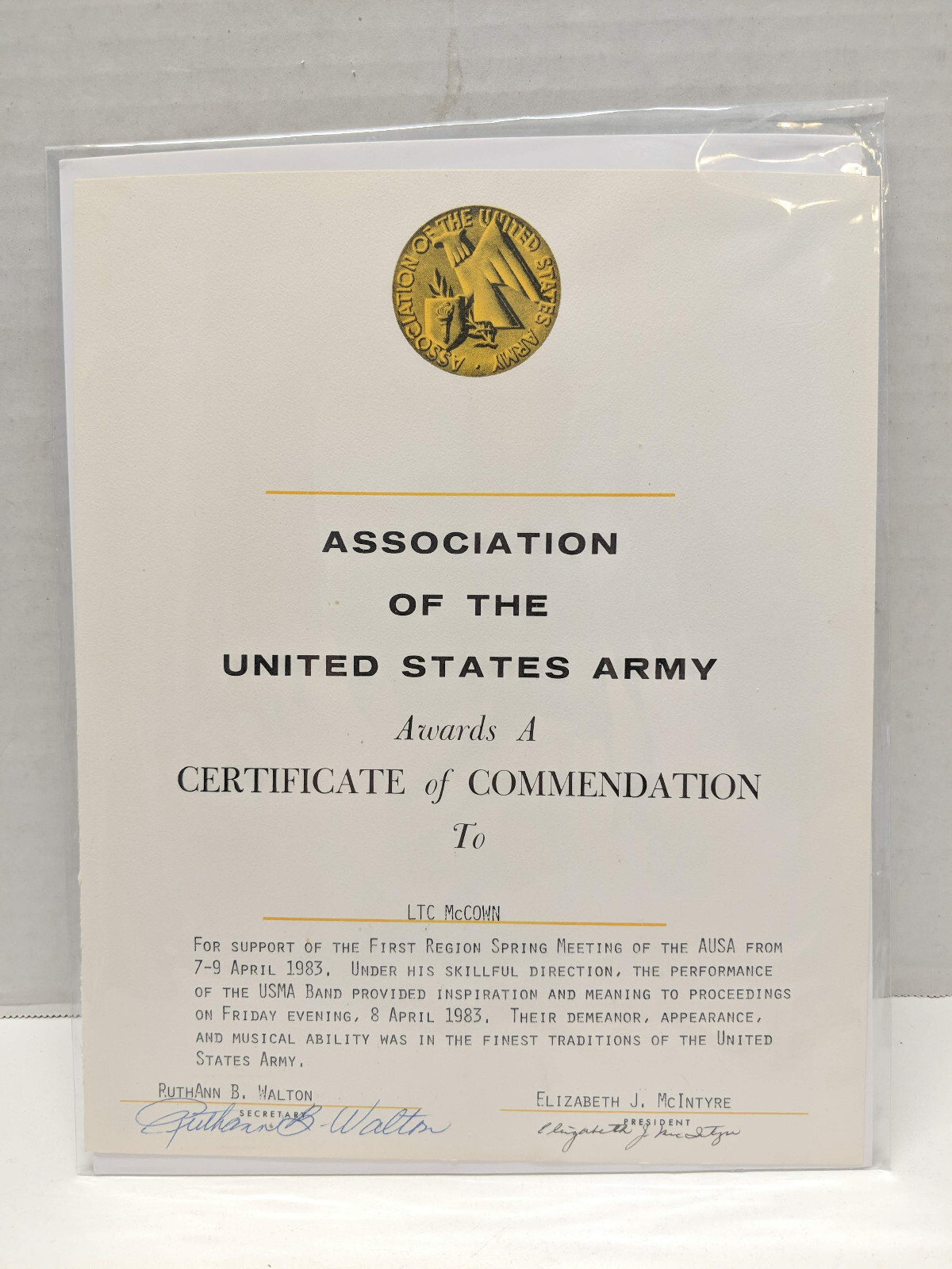 Association of US Army Certificate of Commendation 1983 LTC McCown USMA Band