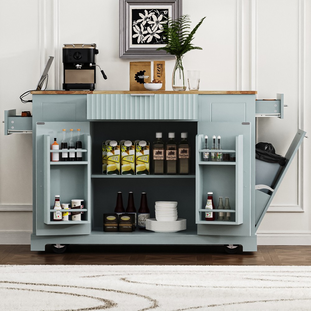 K&K Fluted Kitchen Island with Trash Can Storage Cabinet, Power Outlet