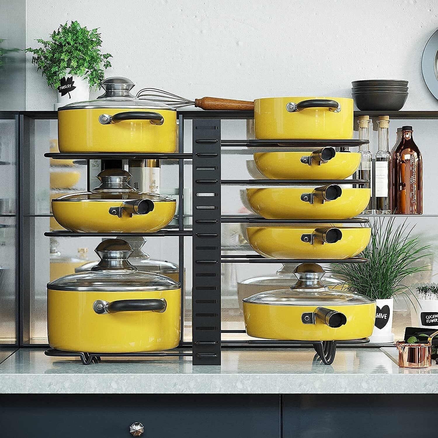 8 Tiers Pot Organizer Rack Pots and Pans Organizer, Pot Lid Cookware Organizers