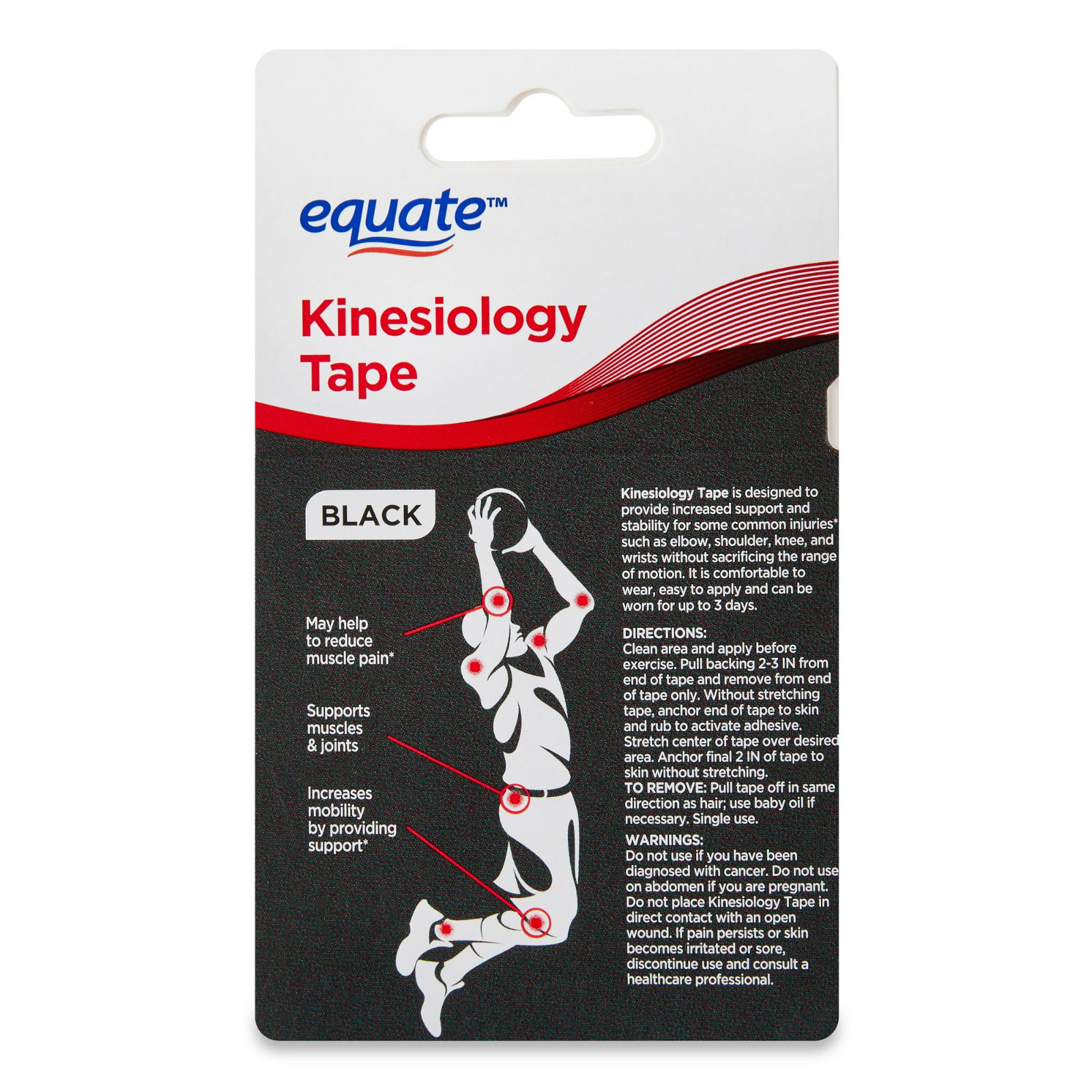 Equate Kinesiology Tape, Black, 20 Pre-Cut Strips