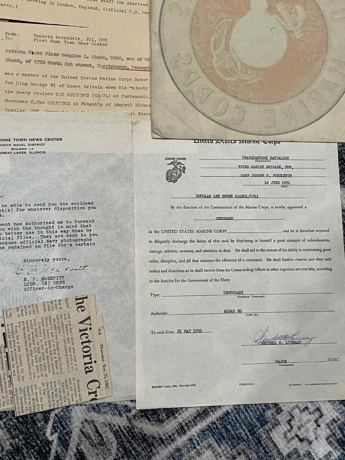 DOCUMENT GROUPING WW2 WWII to Korea USMC US Marine Corps DE Shunk - 3rd Brigade
