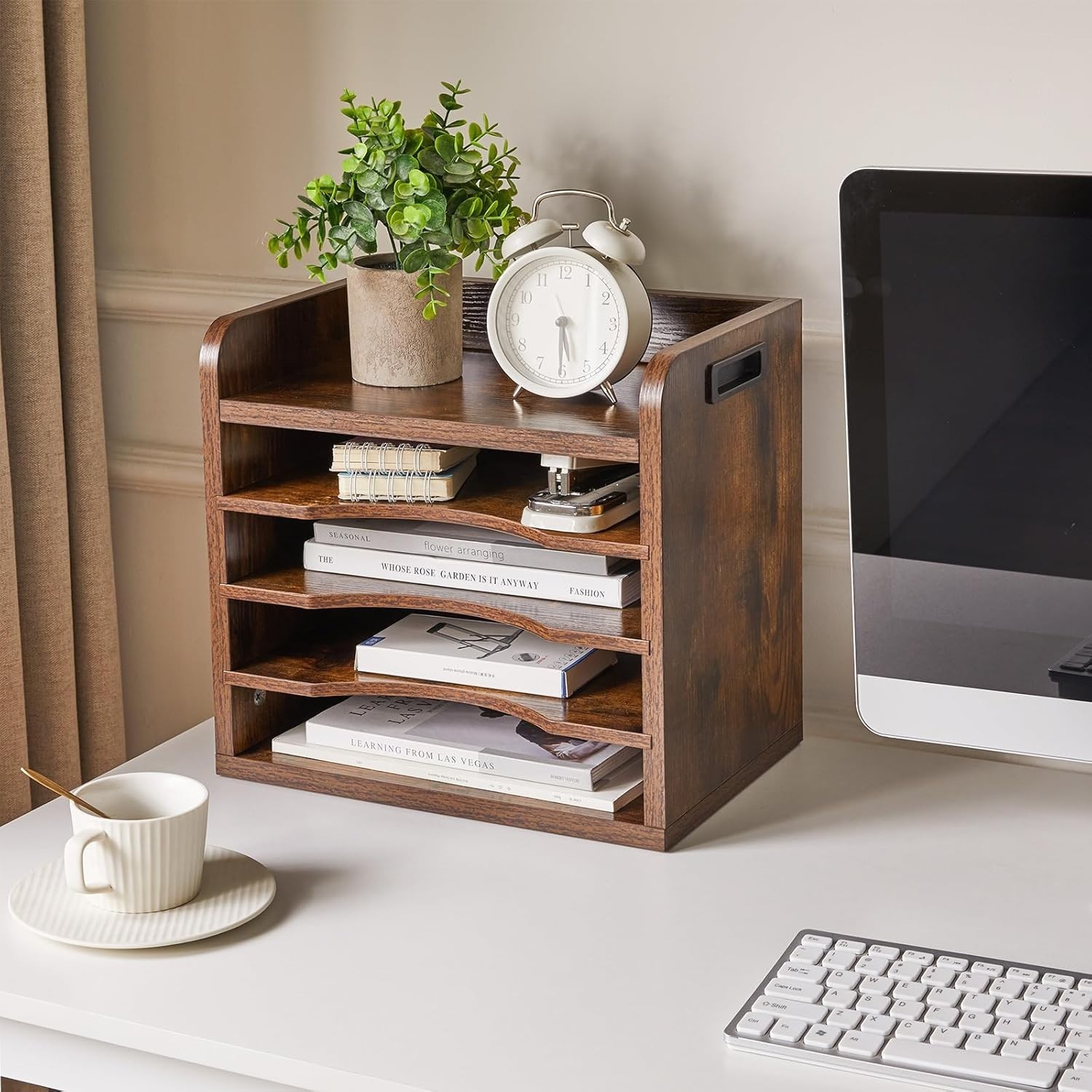 Desktop File Organizer with Handle, Document Letter Mail Tray Sorter with 3 A...
