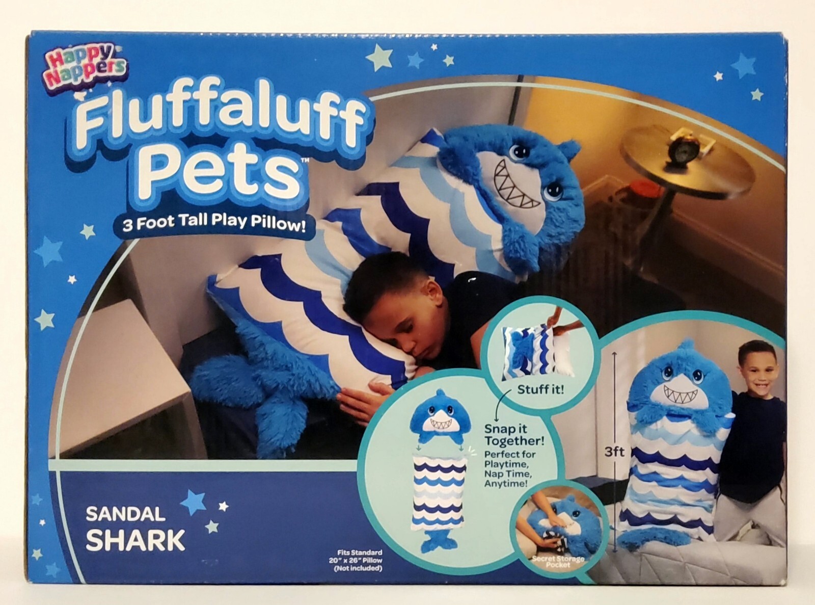 Happy Nappers FluffALuff Pet Blue Sandal Shark 2-In-1 Plush & Snap-On Pillowcase