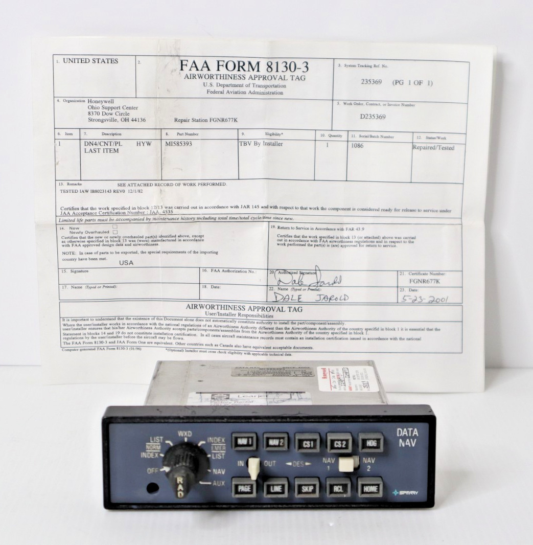 Sperry DNCP-4002 Data Nav MI-585393 Repaired with FAA 8130-3 Form