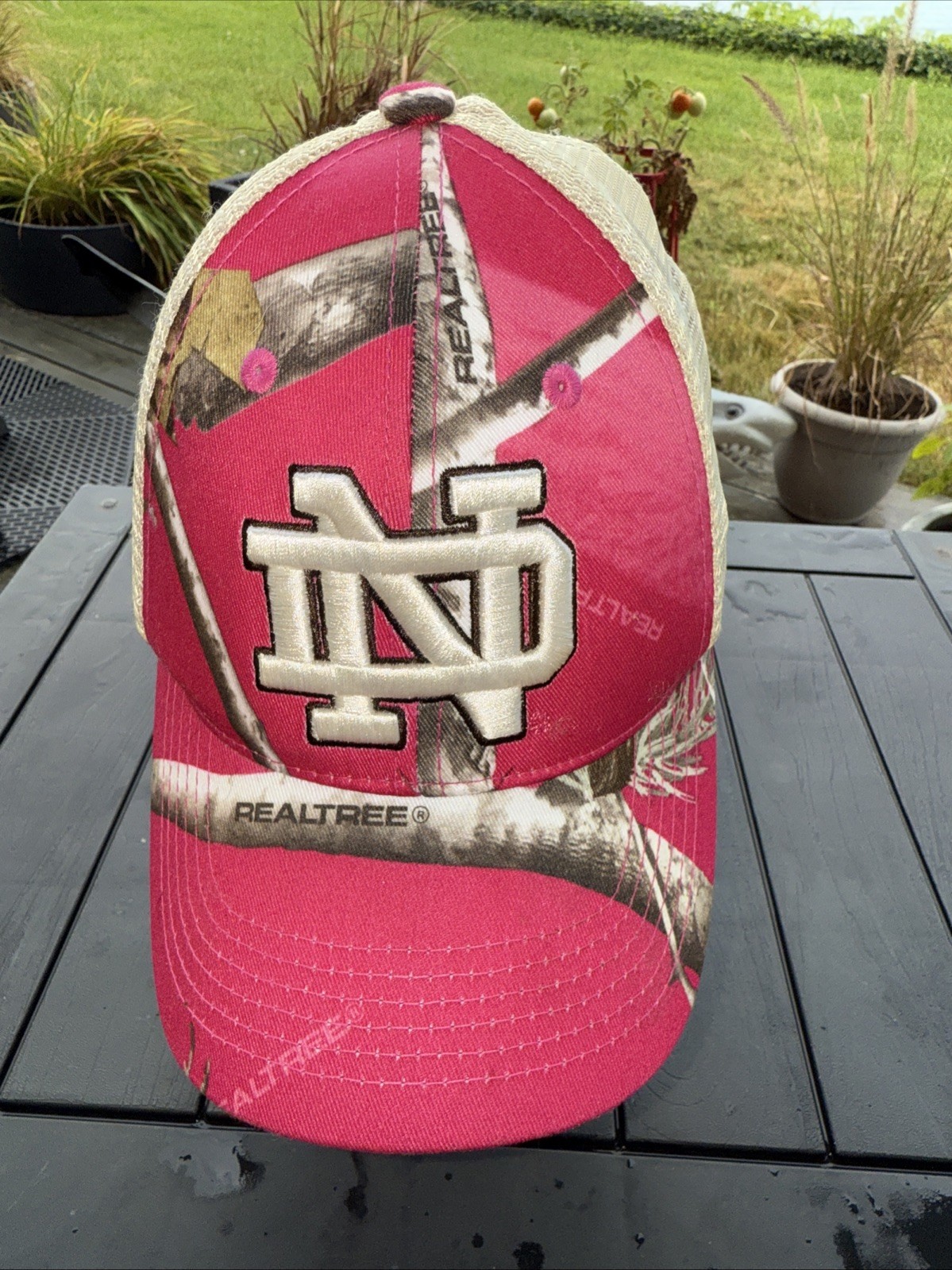 Notre Dame ND on Pink Birch Realtree Fabric Tan Ladies Trucker Hat Cap SnapBack