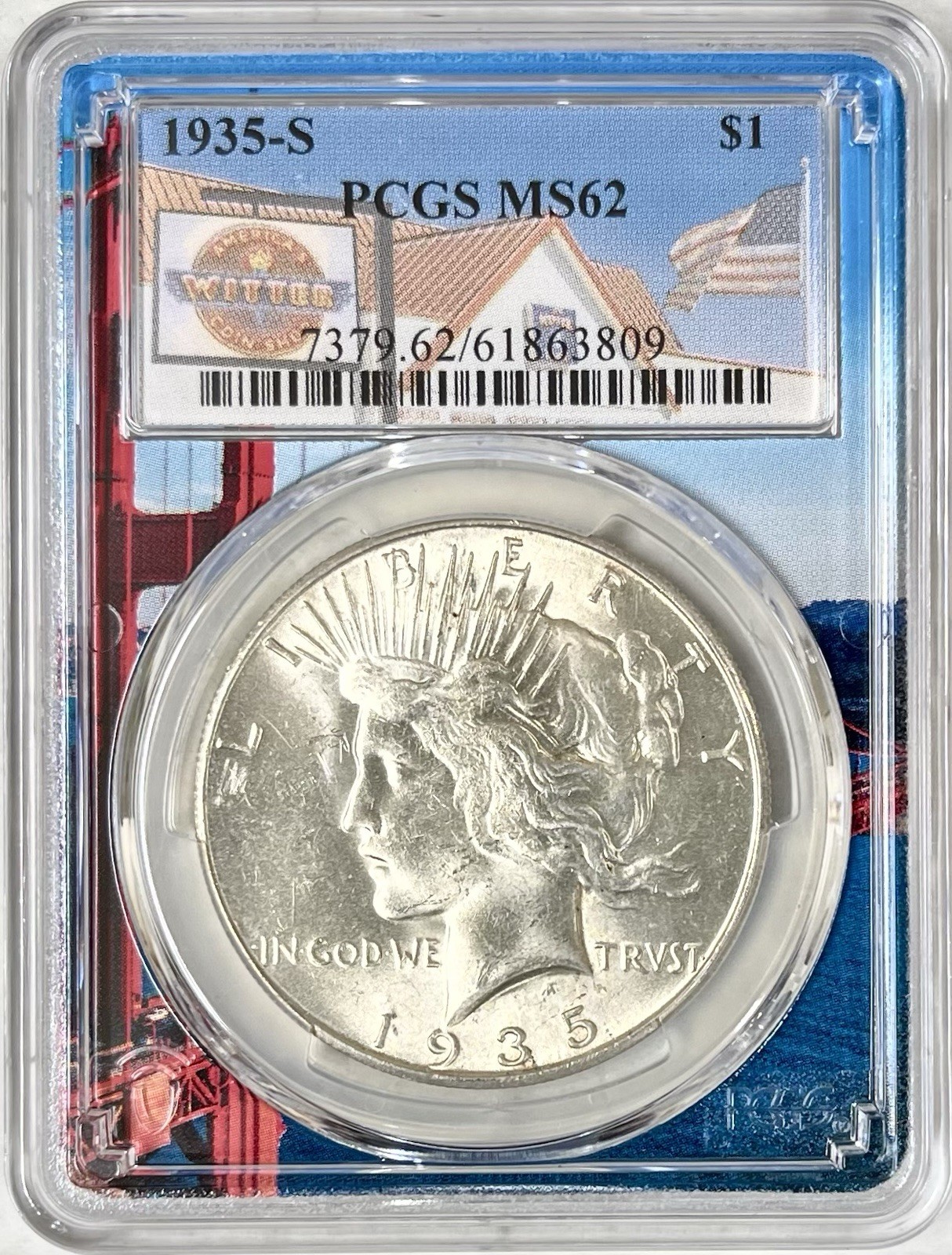 1935 S PEACE SILVER DOLLAR PCGS MS62