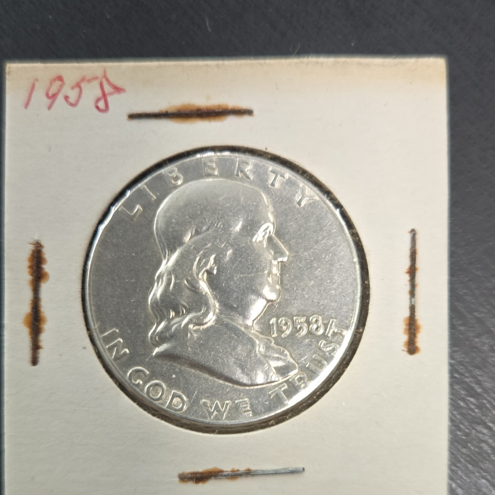 1958 Franklin Half Dollar 50C Silver Coin Uncertified in 2x2 Holder