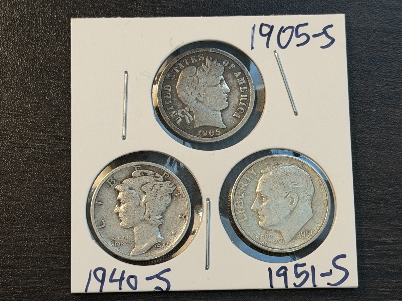 Silver Dime Type Set—3 coins: 1905-S Barber, 1940-S Mercury,  1951-S Roosevelt