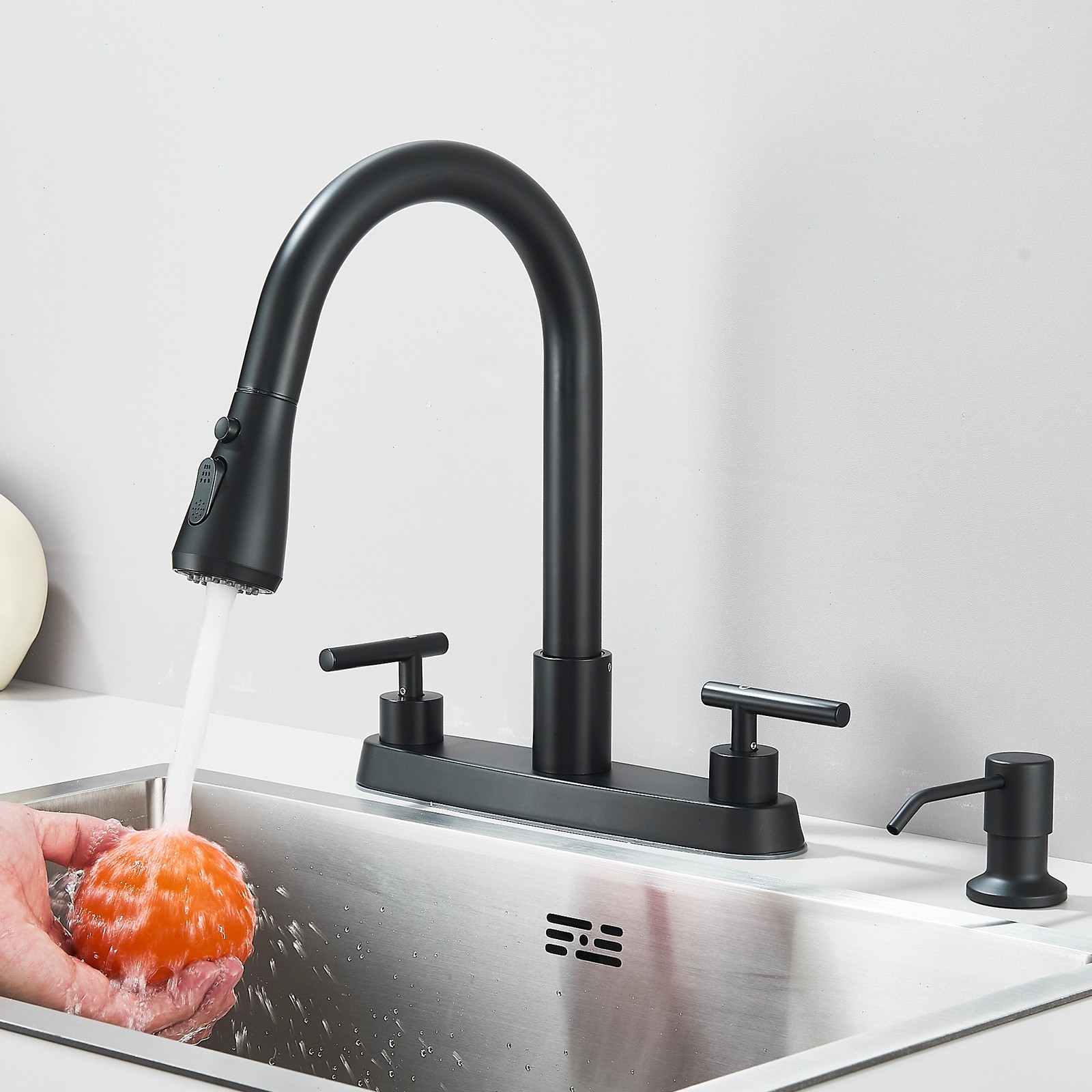 3 Hole Kitchen Faucet Pull Down Sprayer 8"Centerset 2 Handle with Soap dispenser