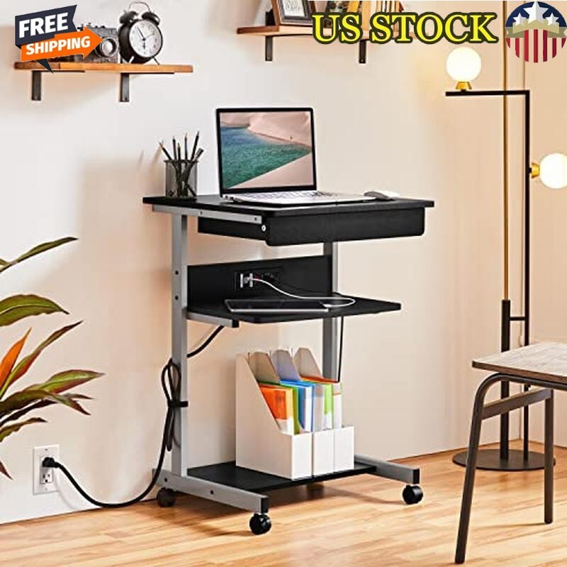 Mobile Laptop Desk W/ Power Outlet USB Ports Rolling Computer Table on Wheels