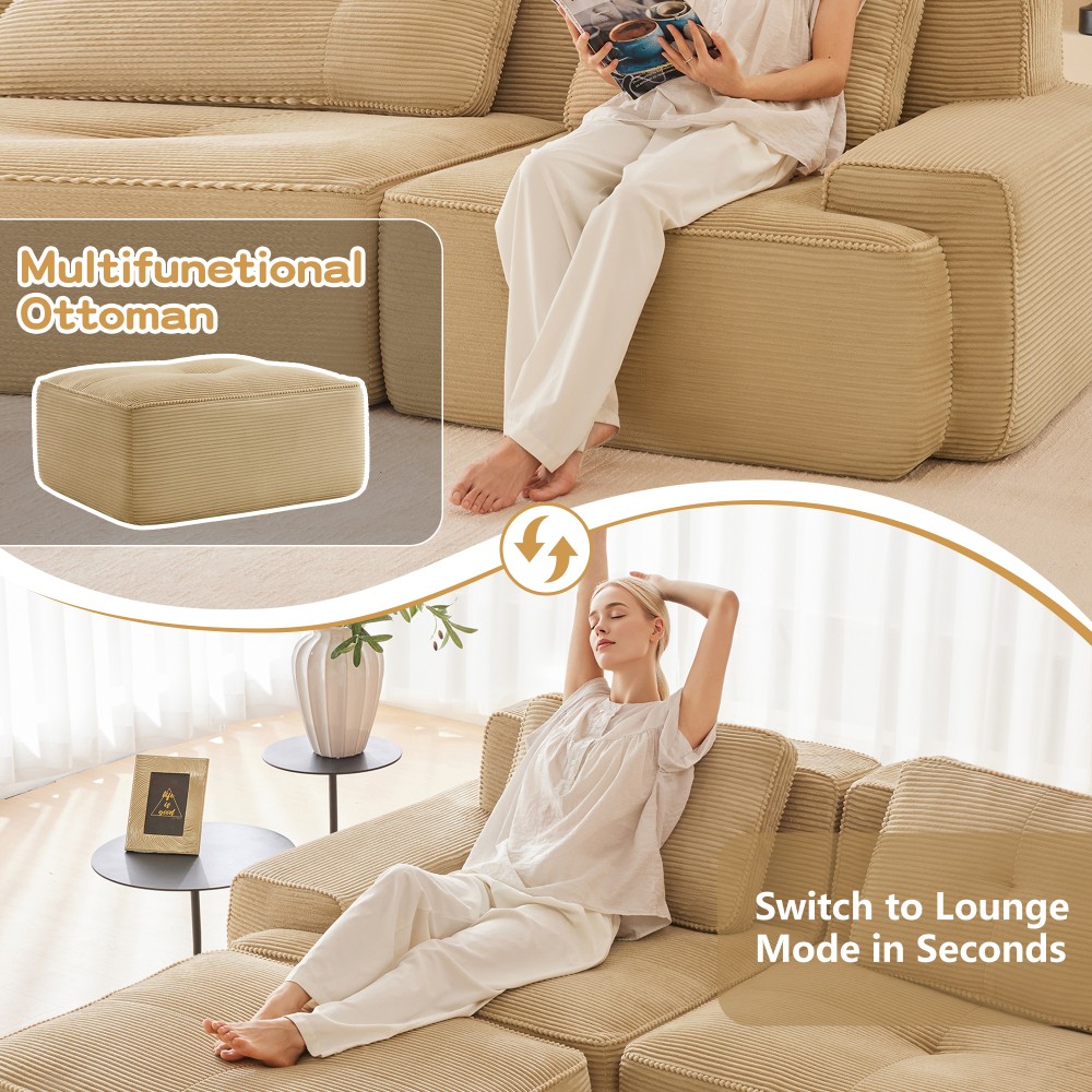 82" L-Shaped Modular Sectional Sofa w/ Ottoman, Corduroy, Camel