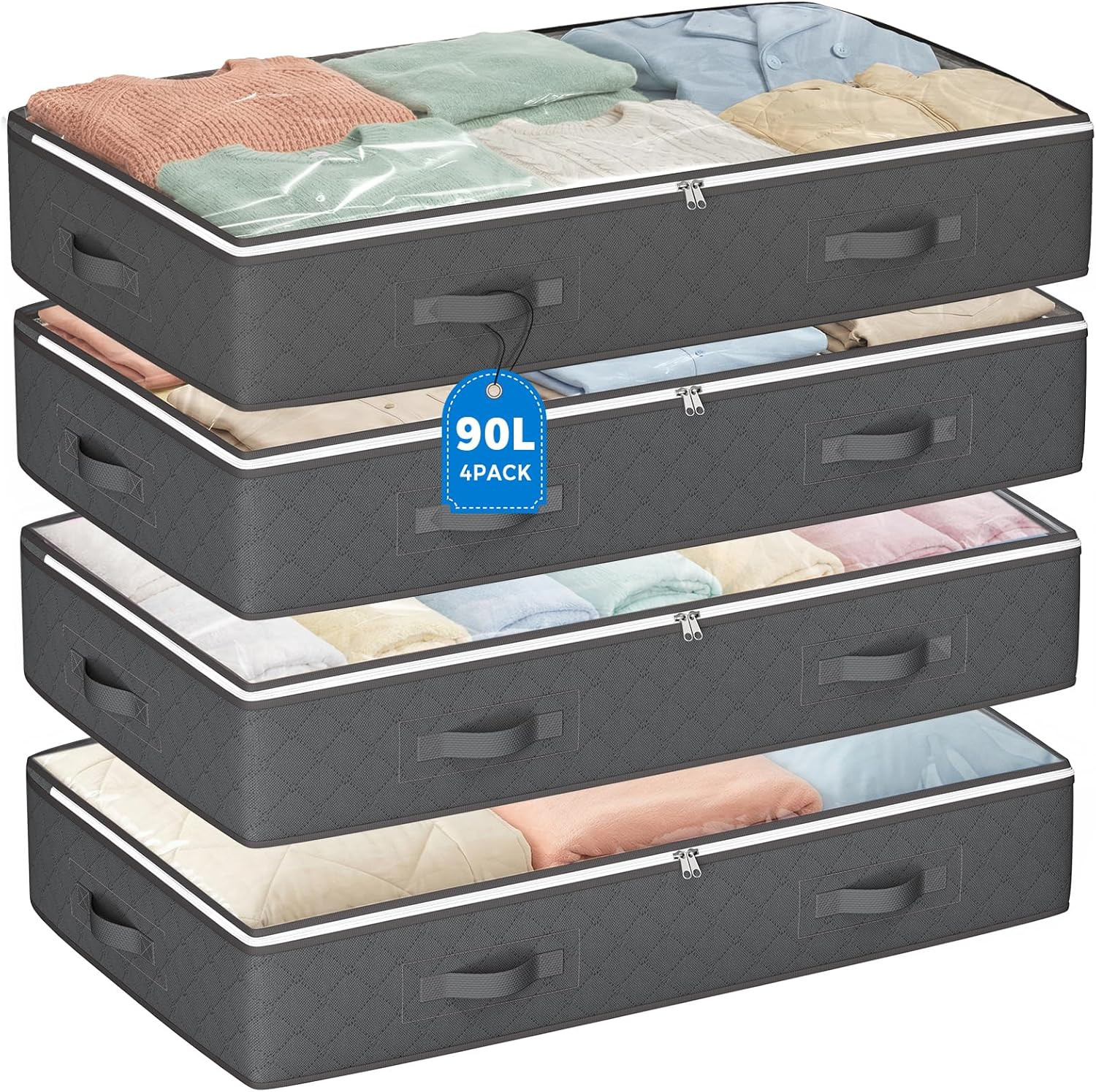 90L under Bed Storage Containers, 4 Pack Closet Organizers Grey | Foldable Under