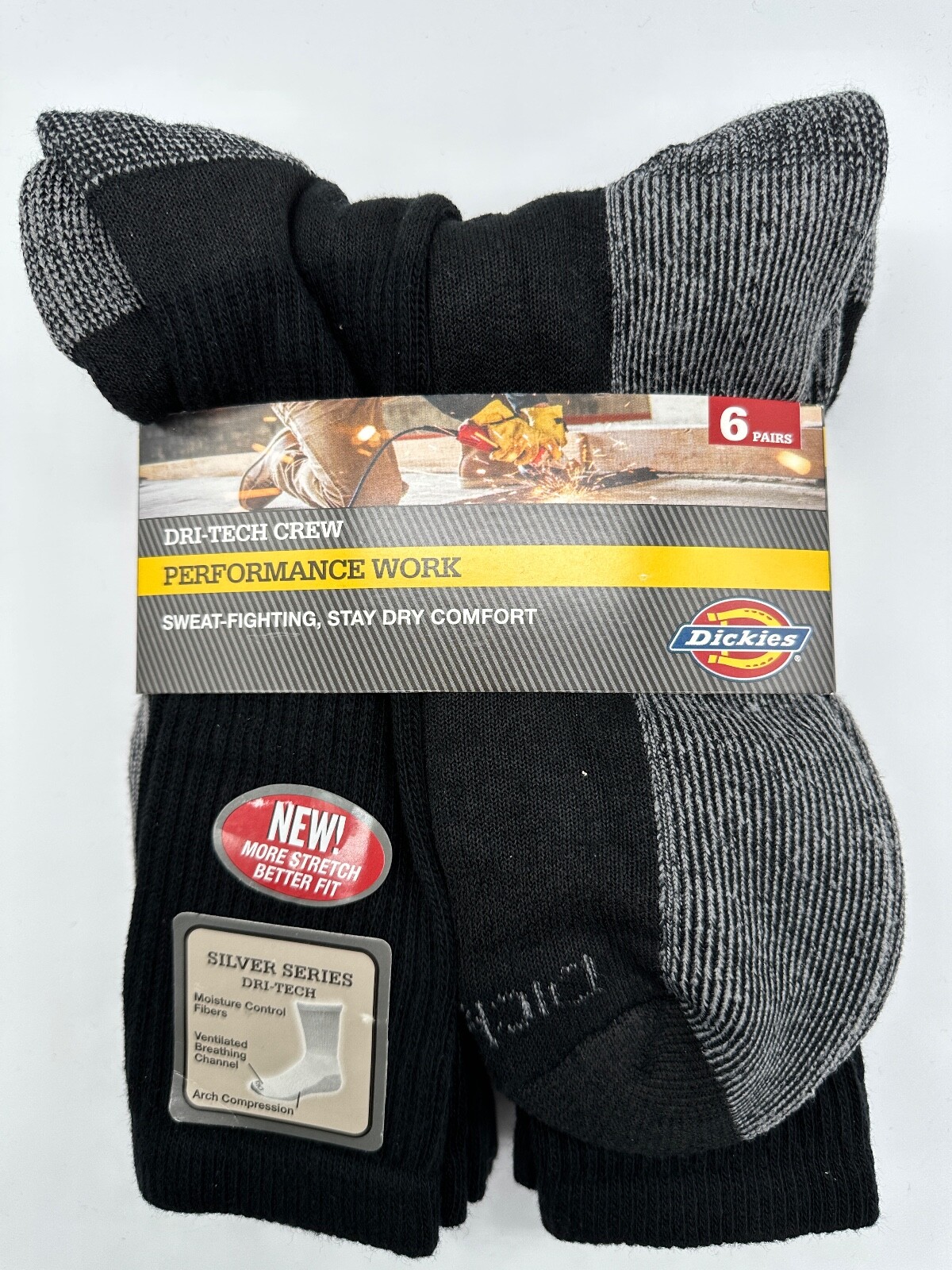 NEW 6 PACKS DICKIES DRI-TECK CREW PERFORMANCE WORK SOCKS MENS BLACK XLARGE 12-15