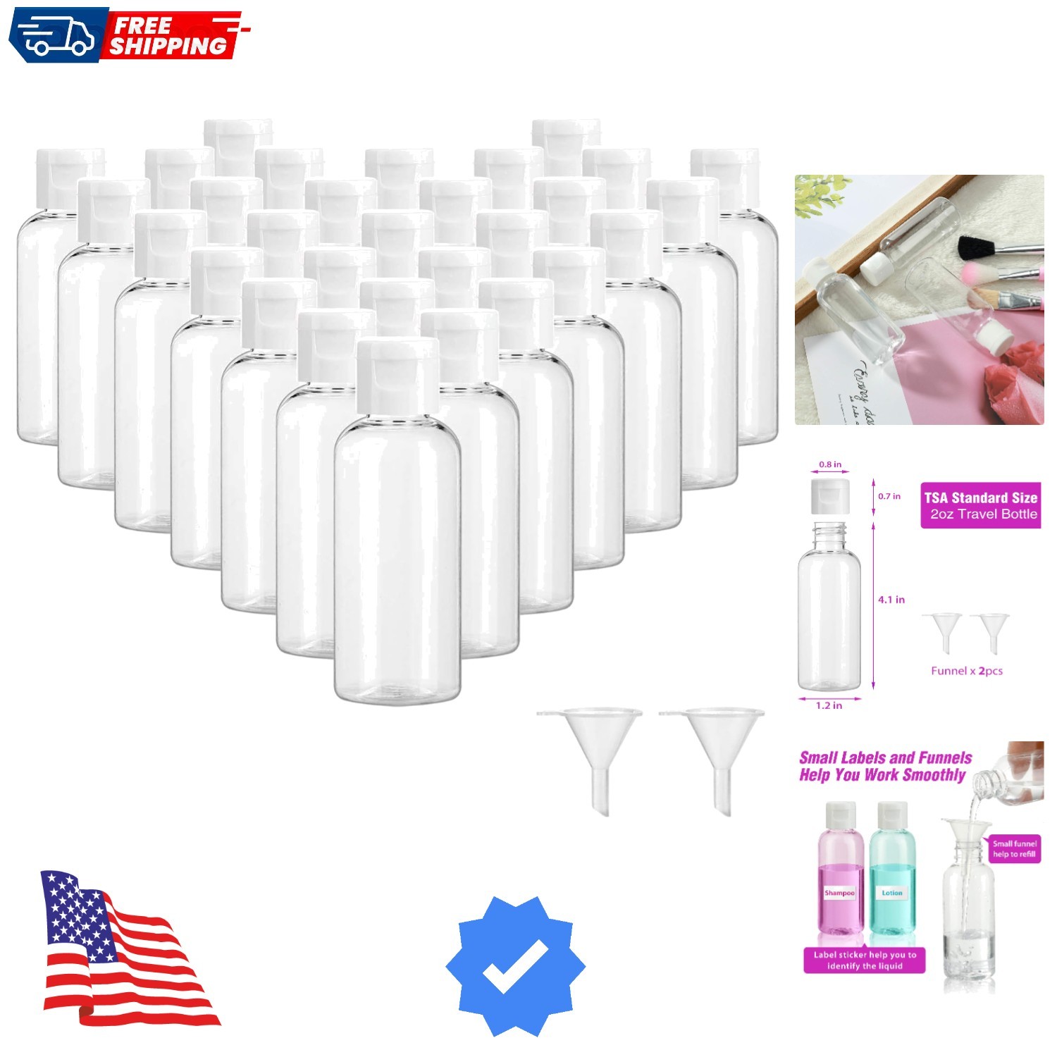 30 Pcs 2 oz Clear Plastic Empty Bottles with Flip Cap for Travel Size Liquids