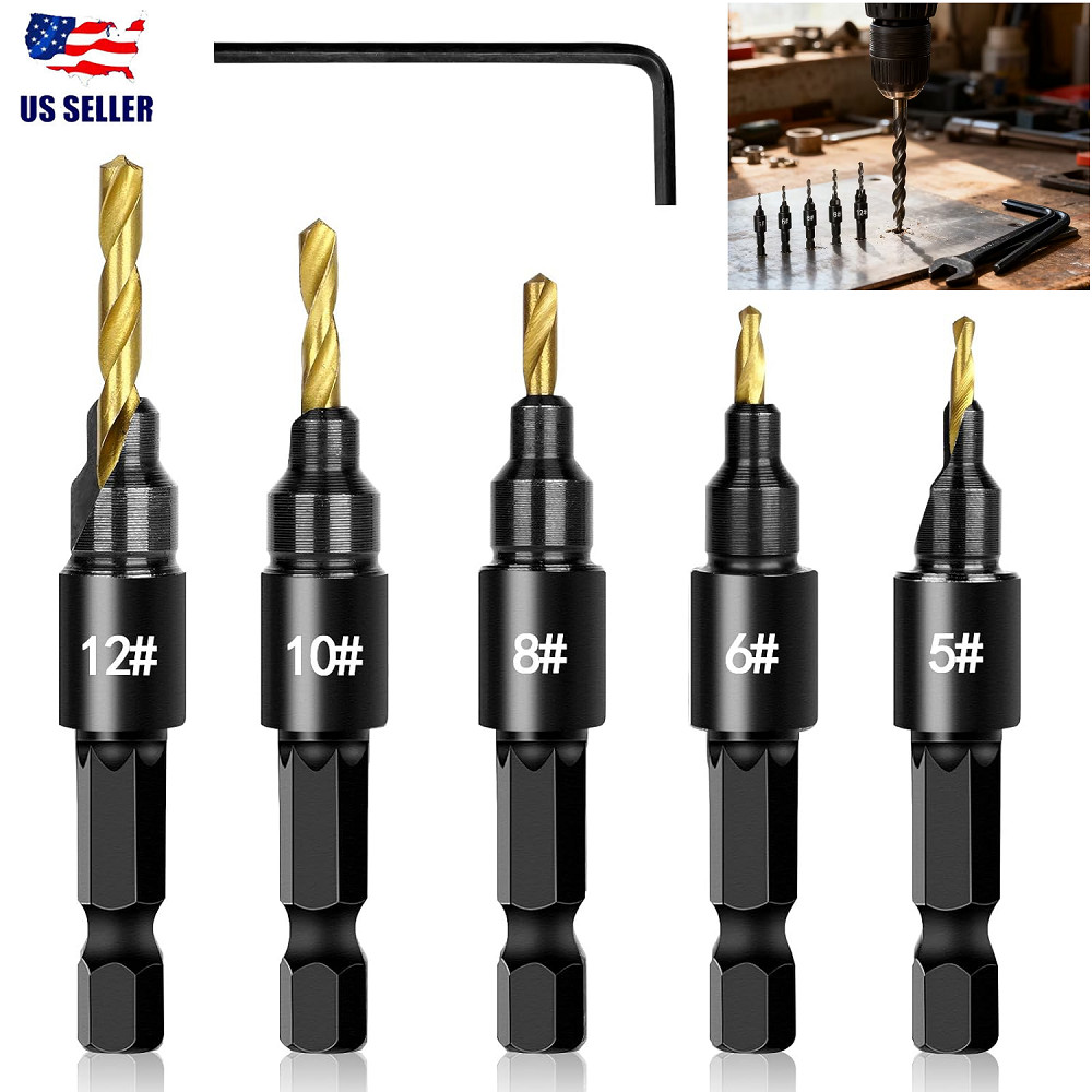 5Pcs Countersink Drill Bit Set 1/4'' Hex Shank HSS Woodworking Pilot Screw Holes