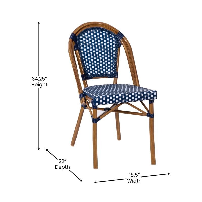 2 PACK Bistro Style Navy & White Armless Dining Chair W/ Bamboo Aluminum Frame