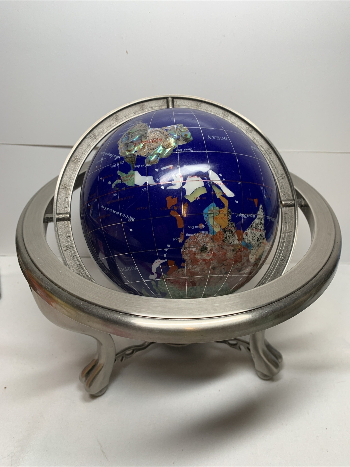 Polished Stone Globe in 360° Rotating Brass Frame