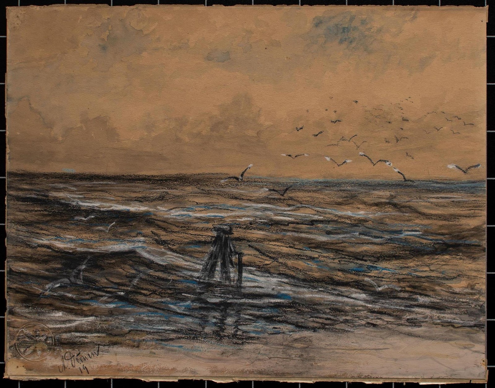 Impressionism Seascape with Seagulls Sea A. Dörnen Signed Mixed Media 1919