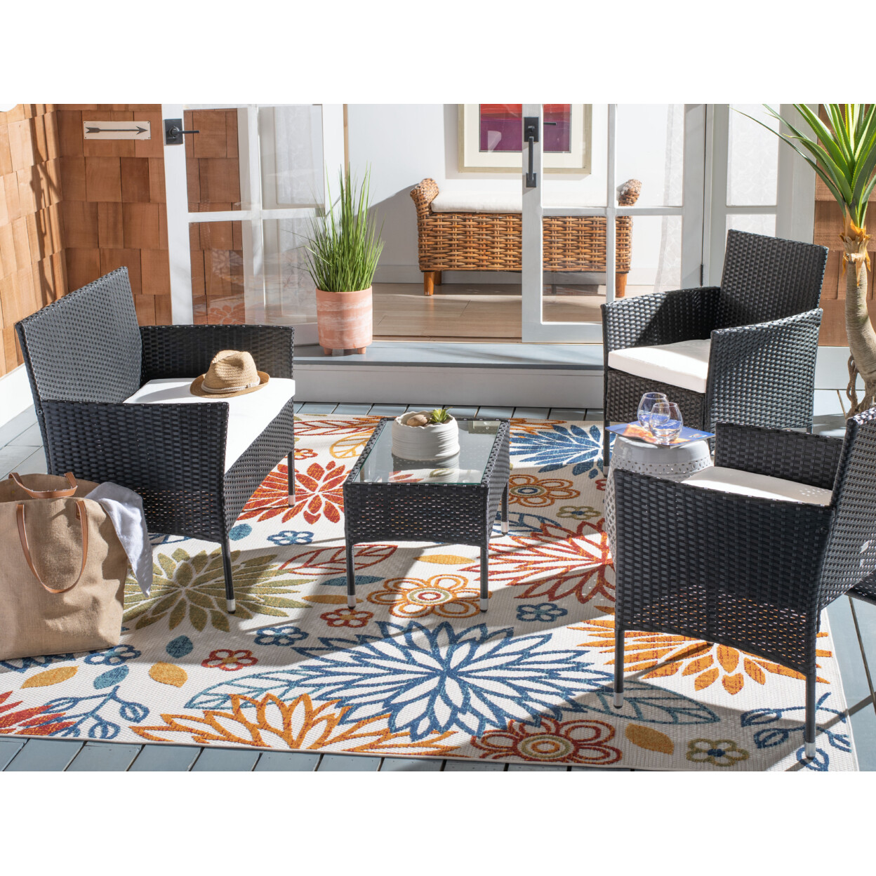SAFAVIEH Outdoor Collection Abdul 4-Piece Patio Set | Black/Beige |