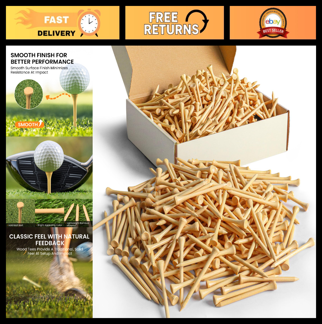 Bamboo Golf Tees - 1.5" to 3.25" Wooden Short & Long Tees, Bulk 250/500/1000/200