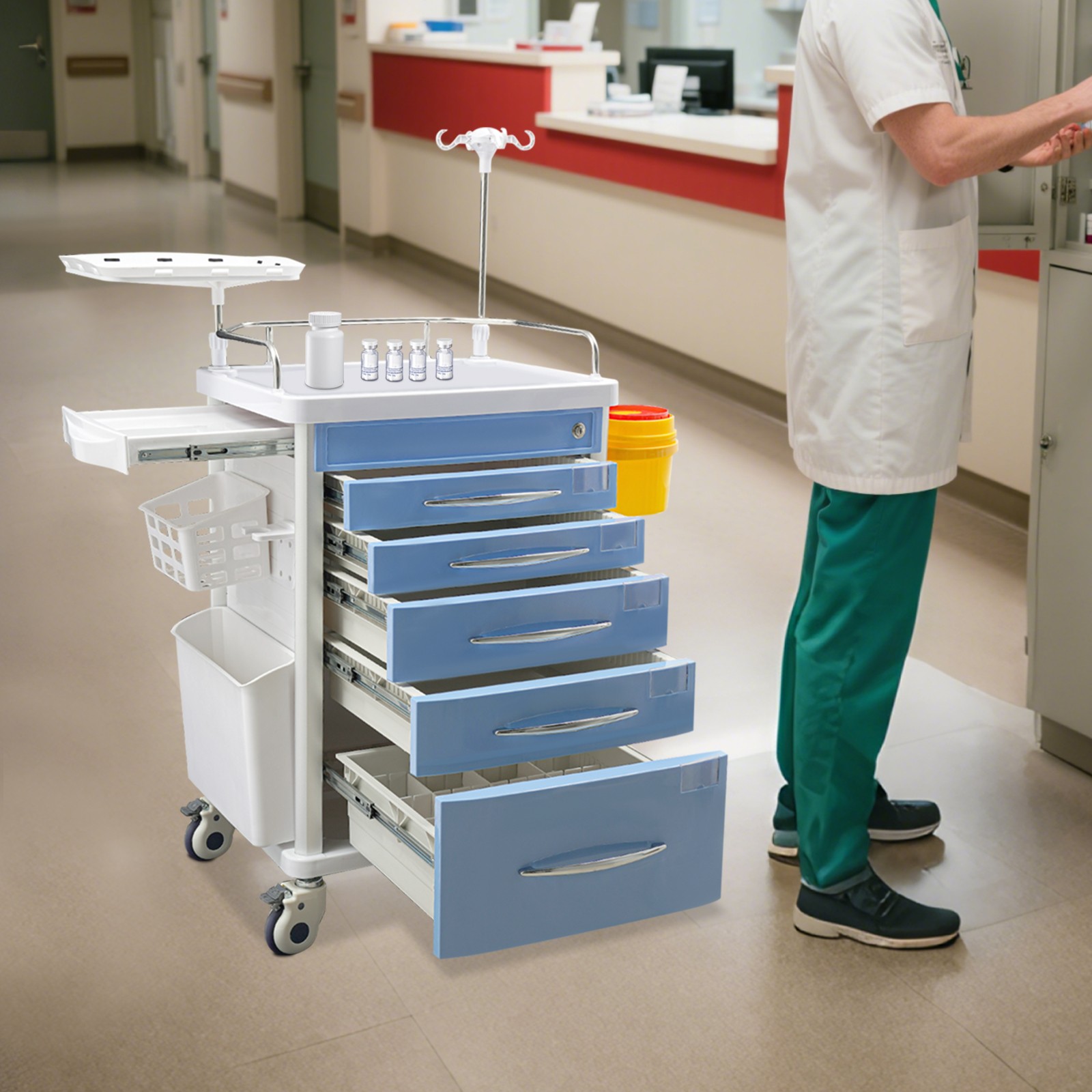 5 Tiers Lab Cart Mobile Medical Trolley Rolling Crash Cart with 5 Drawers & Keys