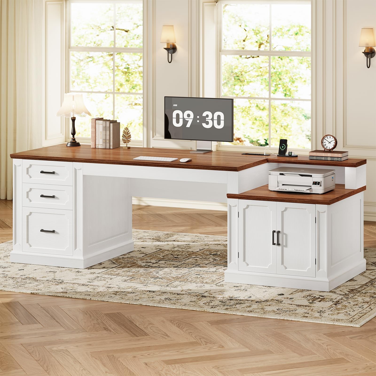 Farmhouse 70.9" Desk with File Drawers Storage Cabinet Power Outlet White Brown