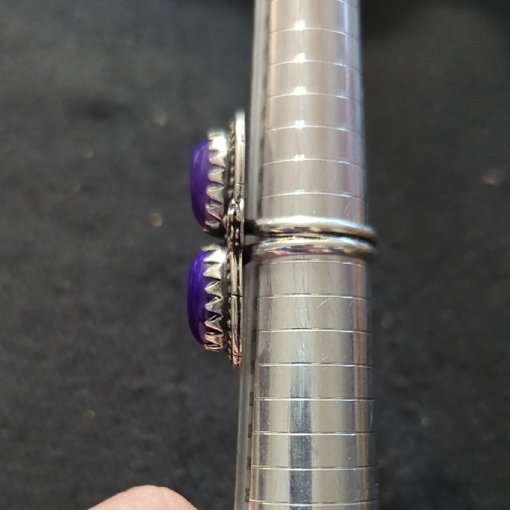 Silver Plated Purple Banded Agate Gemstone Two Stone Statement Ring - size 7-9