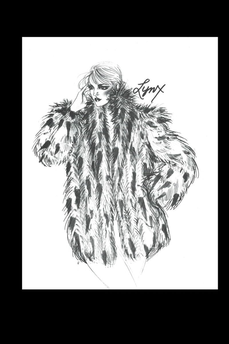Vintage Art Page Drawing Print Fashion Page Woman In Lynx Fur Coat