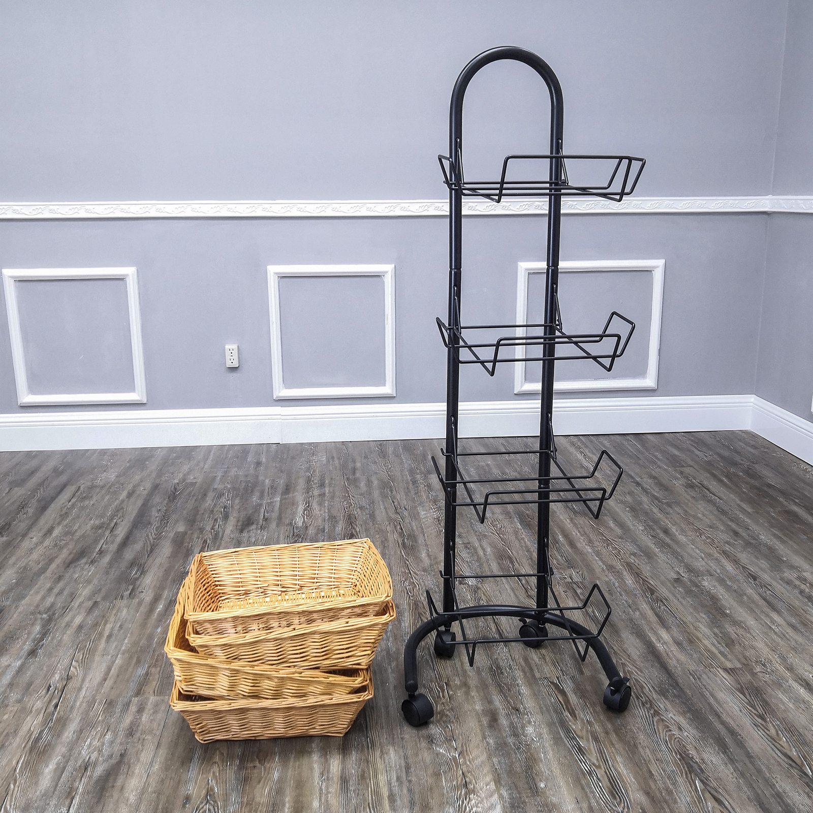 Rolling Wicker Basket Display Market Merchandiser Stand Kitchen Pantry Organizer