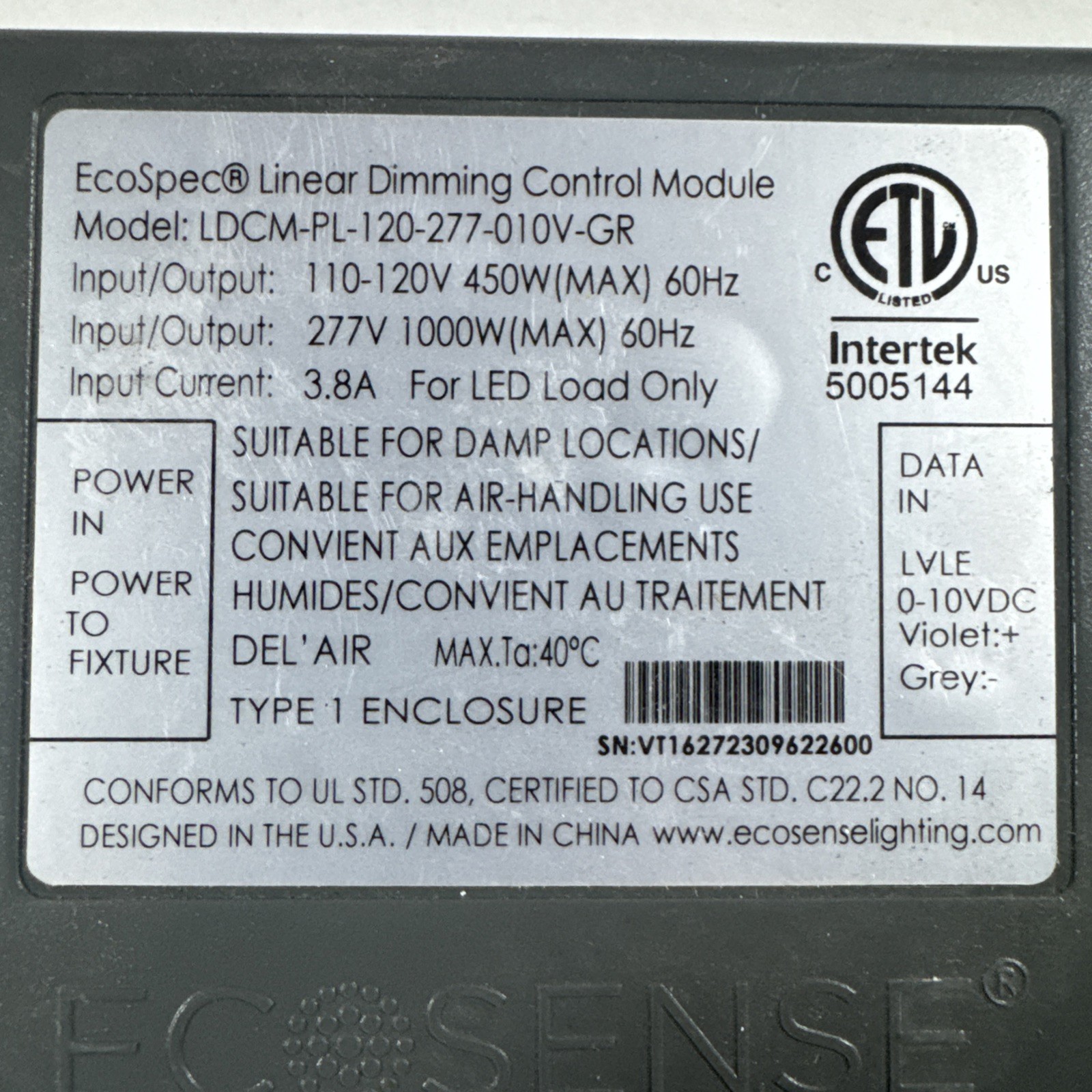 Ecosense EcoSpec Linear Dimming Control Module LDCM-PL-120-277-010V-GR