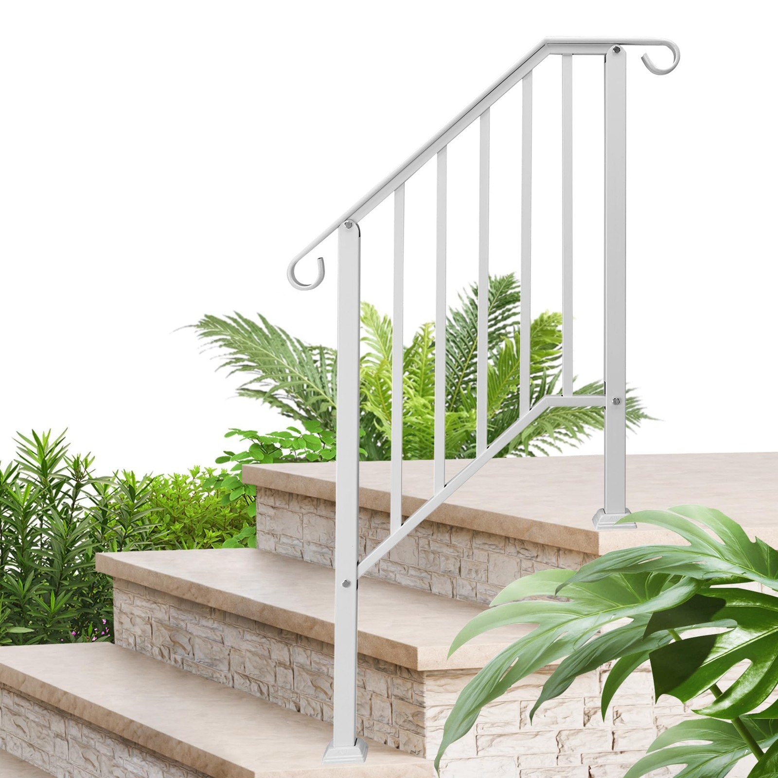 3 Step Handrails for Outdoor Steps, Galvanized Iron Stair 3 - Step, White