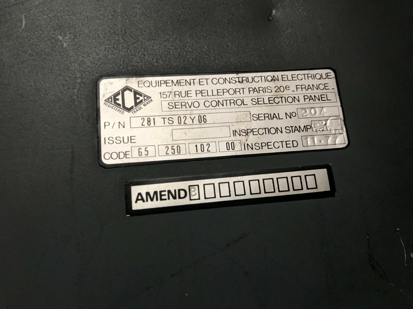 ECE 281TS02Y06 Servo Control Panel USED