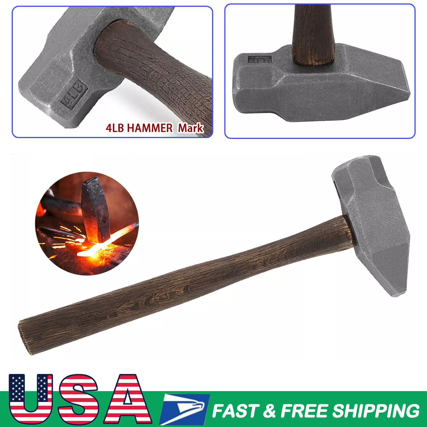 Blacksmith 4LB Forge Hammer for Farrier Knife Making Handmade Forging Tool