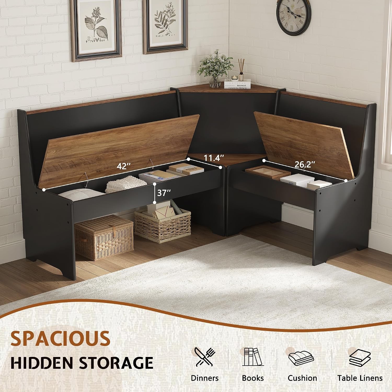 3 Pieces Corner Dining Table Set W/ Hidden Storage L-Shaped Breakfast Nook W/