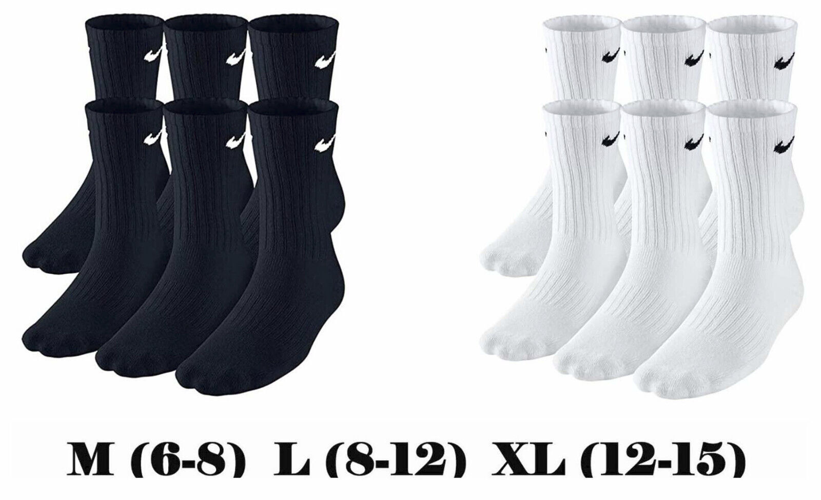 Nike Everyday Cotton Cushioned Crew Socks - Size S / M / L / 3-5  / 6-8 / 8-12