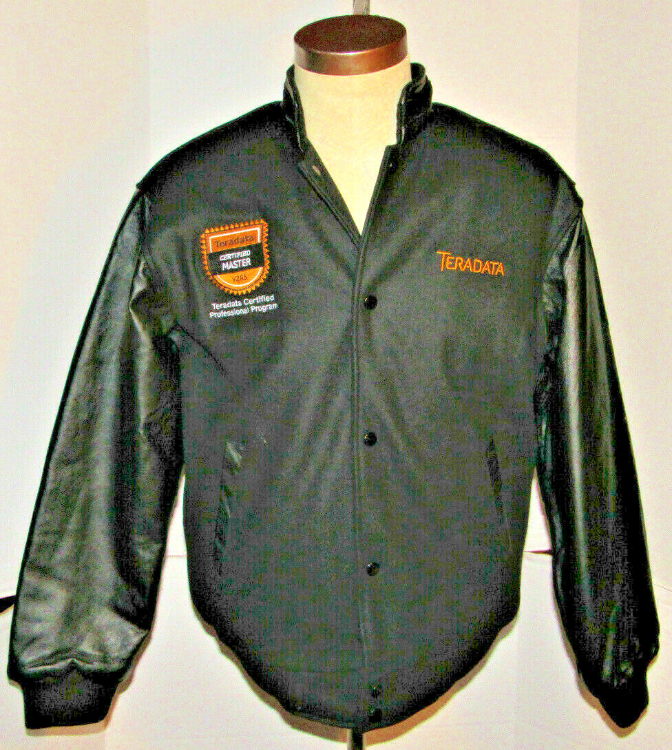 TERADATA 'CERTIFIED MASTER' BLACK WOOL VARSITY JACKET! LEATHER SLEEVES! NWT! S
