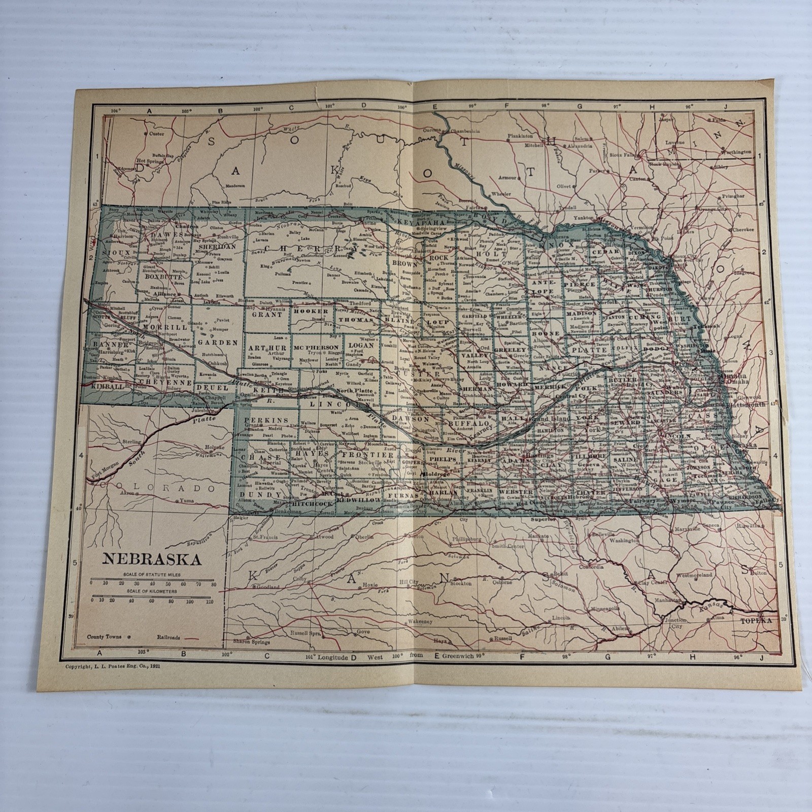 Antique State of Nebraska in 1921 great for framing and collecting measures 9x11